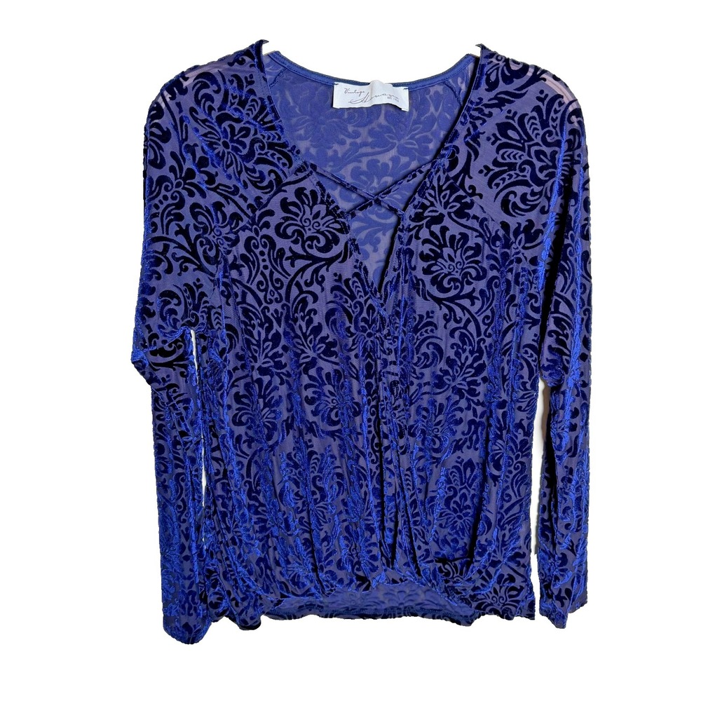 Vintage Havana Velvet Burnout V Neck Blouse Floral Boho 90s Blue M Grunge Gothic
